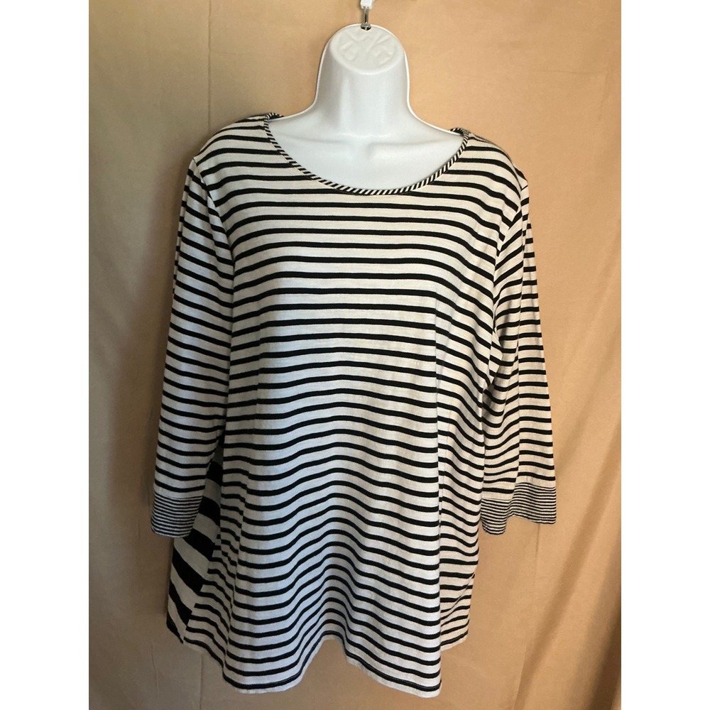 Rafaella Striped Top Womens 2X Black White Excellent 3/4 Sleeve Cotton Tunic